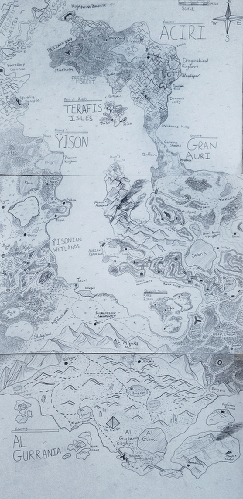 Three A3 (Ledger) sized hand-drawn maps that tile together. They detail the central strip of my fictional continent.
