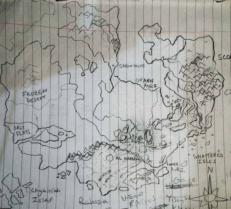 My original sketch of a fantastical continent, serving as the basis of my future maps.