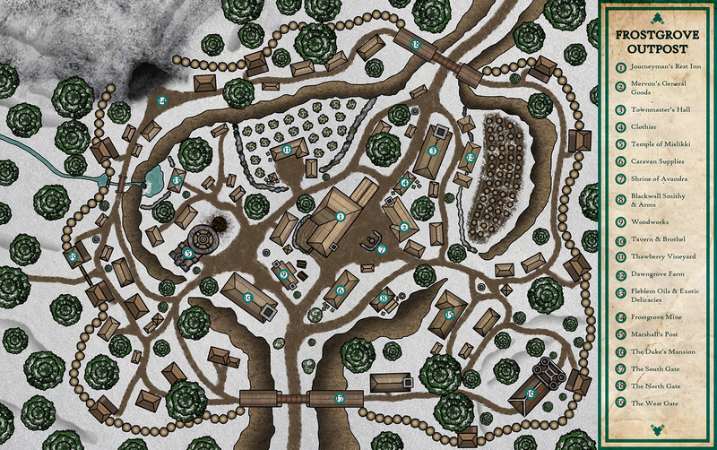 A fully labelled map of a small merchant outpost.