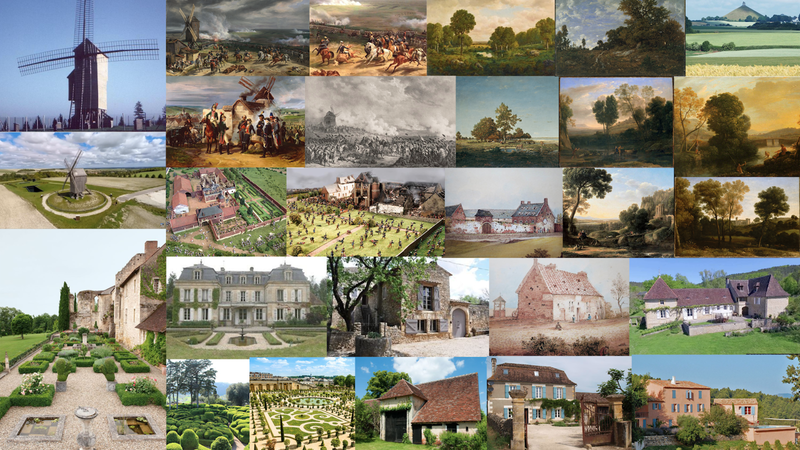 My initial moodboard featuring images such as Hougoumont, 19th century French farmhouses, renaissance paintings and the windmill of Valmy.