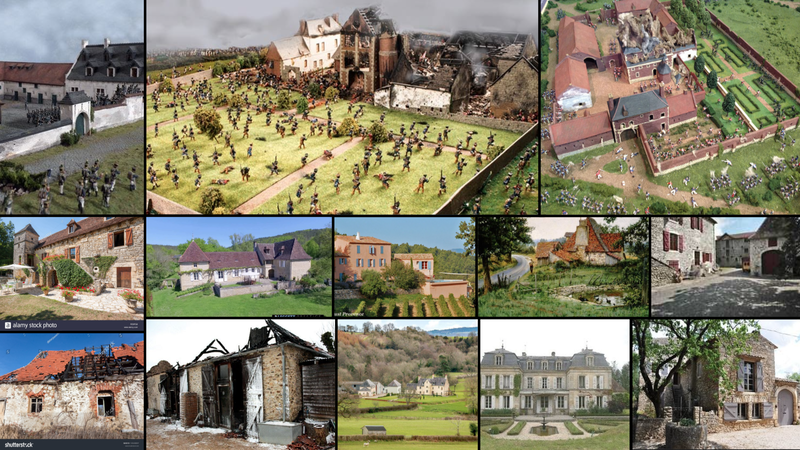A moodboard featuring 19th century French architecture and reconstructions of the battle in Hougoumont.
