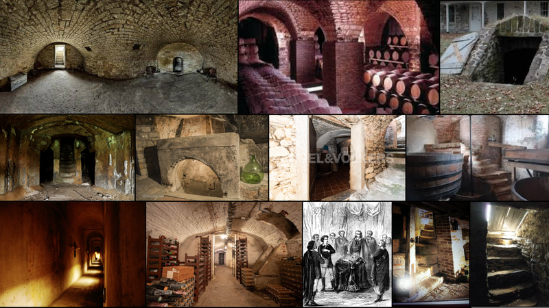 A moodboard featuring wine cellars, 19th century cellars and corridors, and an illustration of a revolutionary meeting.