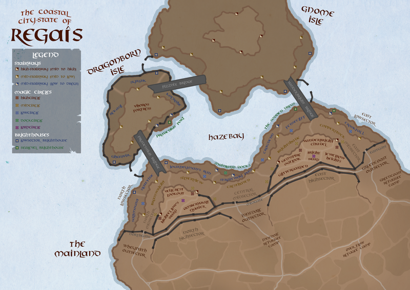 A map of a city carved into tiers on a cliffside, with teleport circles, stairways and 'brighthouses' labelled. The Mainland and one of the isles are also separated into  different quarters.